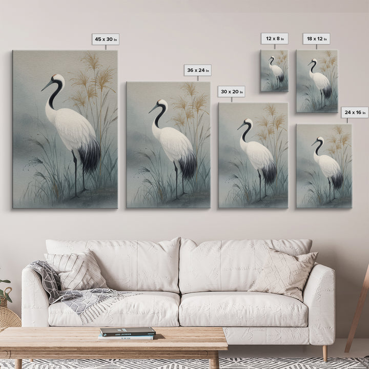 White Crane Standing Canvas Print, Zen Art, Minimalist Wall Art, Living Room Decor, Zen, Fine Art Print, Statement Artwork, ZEN-2x3-39
