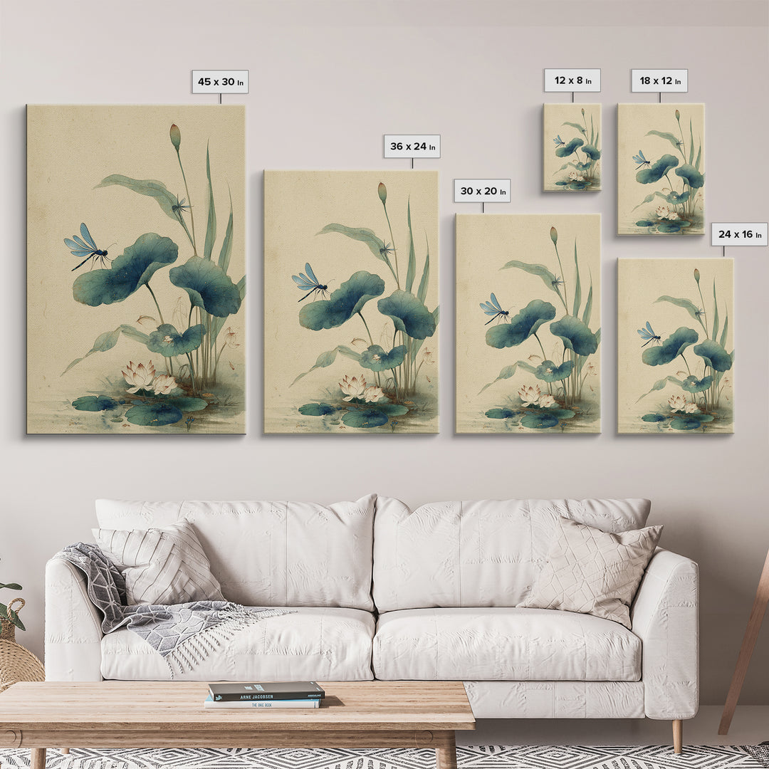 Dragonfly over Lotus Pond Framed Canvas Print, Zen Art, Living Room Decor, Watercolor Art, Zen, Extra Large Wall Art, ZEN-2x3-48