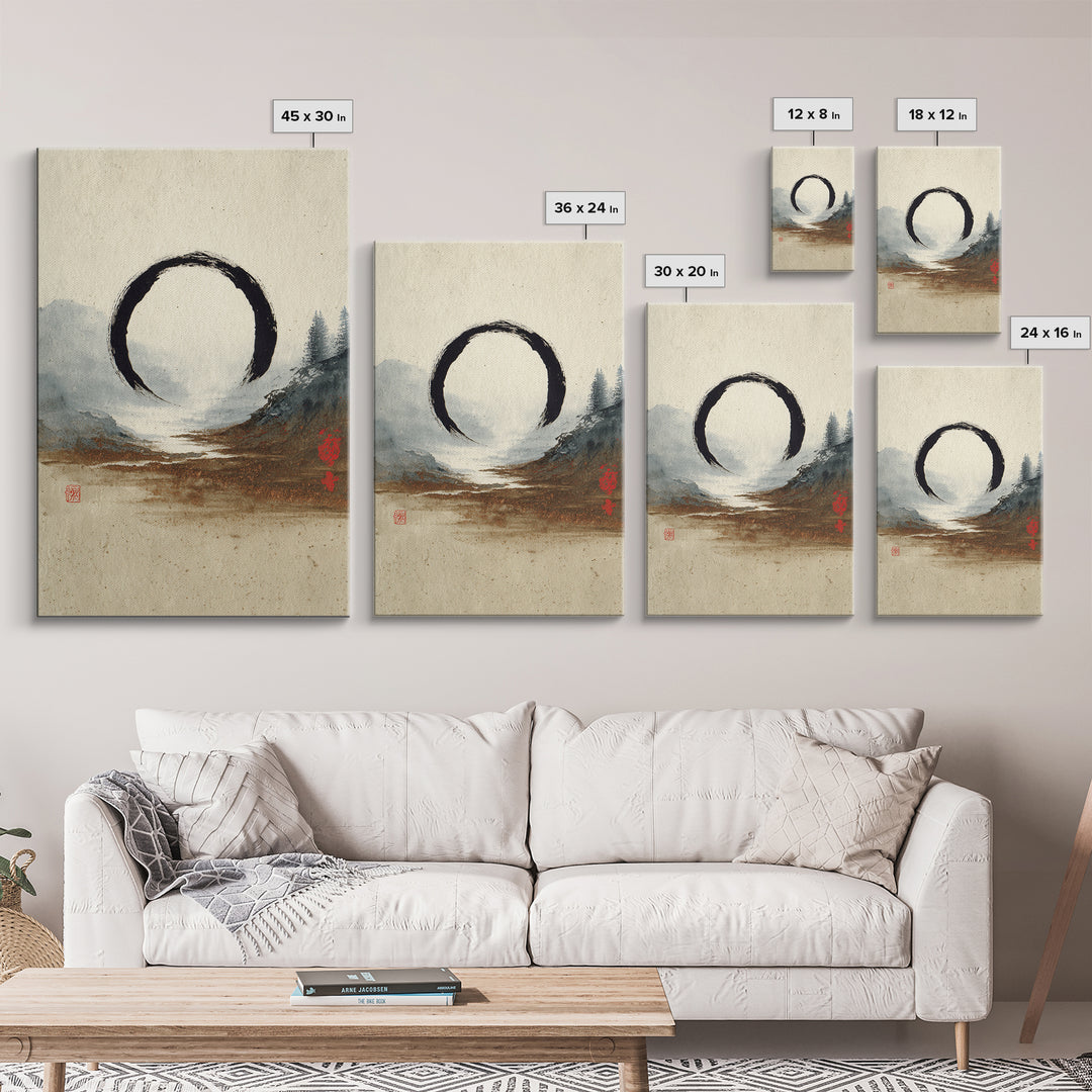 Single Black Ens Circle on Warm Paper Canvas Print, Zen Art, Wabi Sabi Art, Living Room Decor, Oil Painting, Zen, ZEN-2x3-57