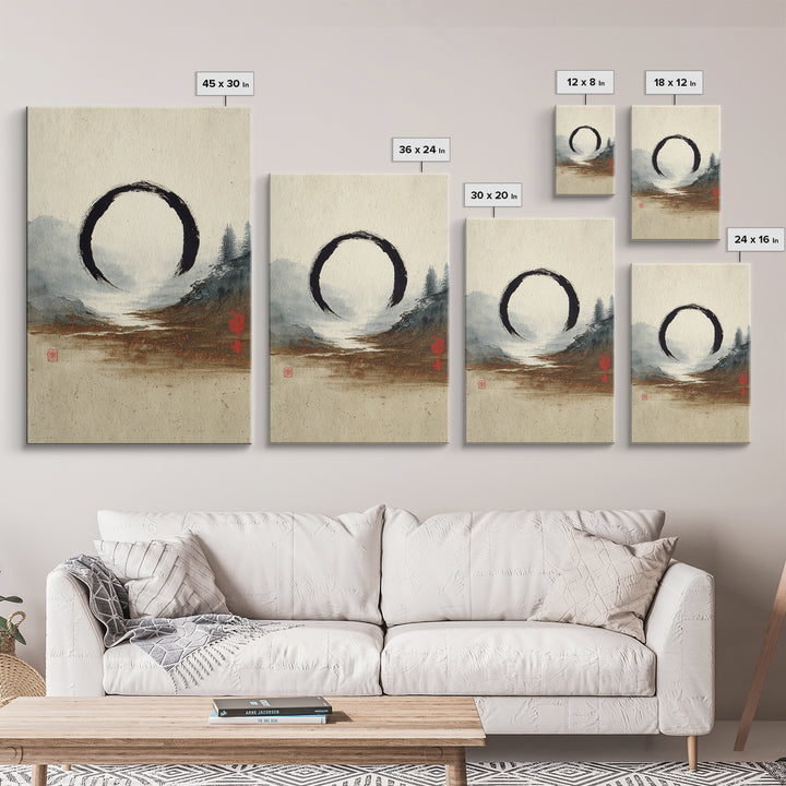 Single Black Ens Circle on Warm Paper Canvas Print, Zen Art, Wabi Sabi Art, Living Room Decor, Oil Painting, Zen, ZEN-2x3-57
