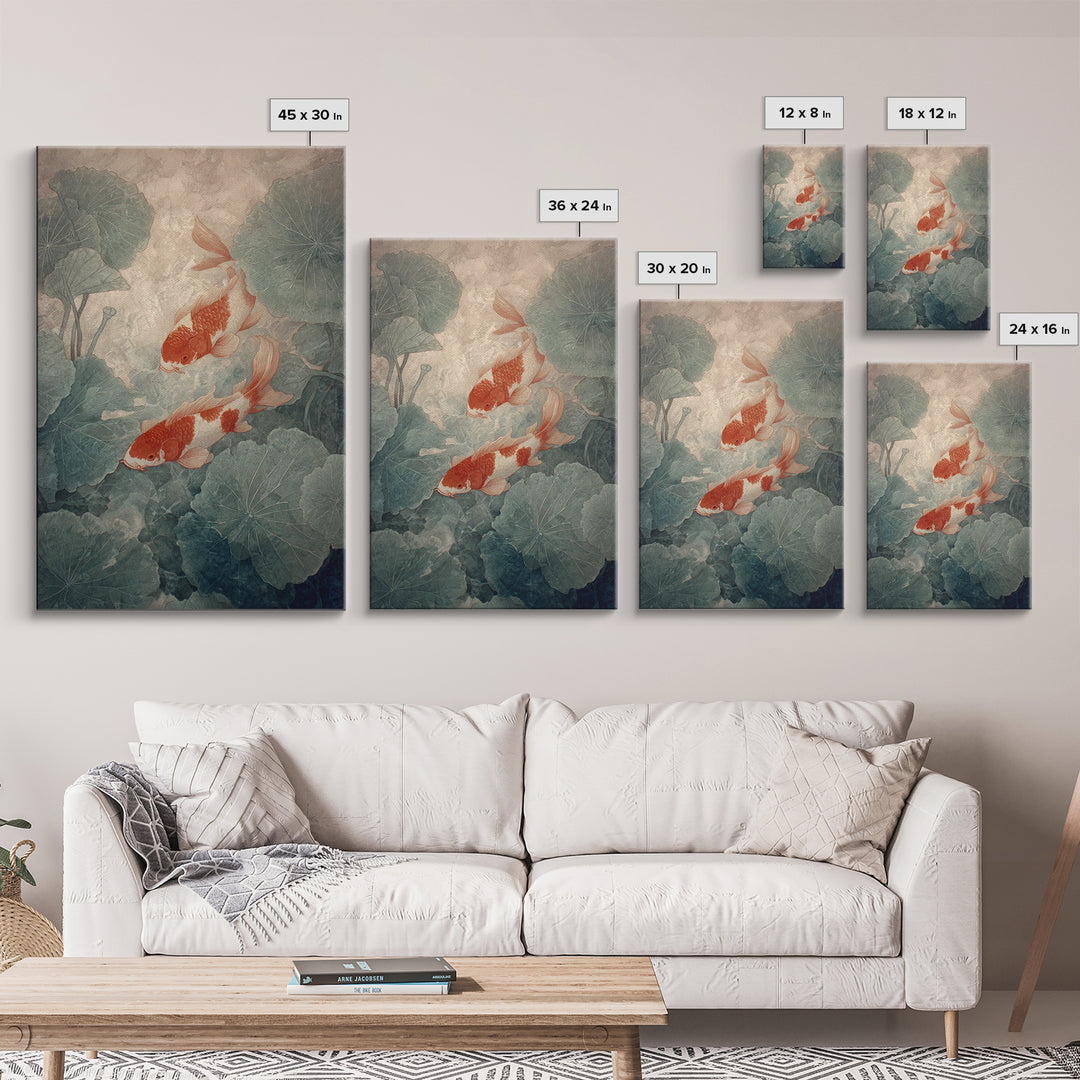 Koi Fish Beneath Floating Lotus Leaves Framed Canvas Print, Zen Art, Japandi Wall Art, Living Room Decor, Fine Art, Zen, ZEN-2x3-60