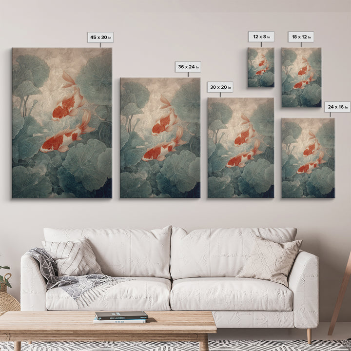 Koi Fish Beneath Floating Lotus Leaves Framed Canvas Print, Zen Art, Japandi Wall Art, Living Room Decor, Fine Art, Zen, ZEN-2x3-60
