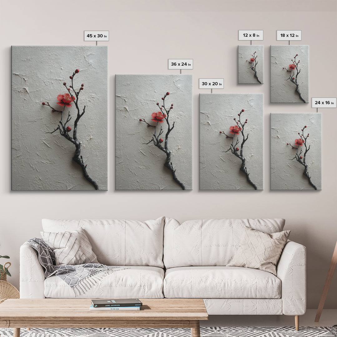 Black Branch with One Red Blossom Canvas Print, Zen Art, Japanese Decor, Living Room Decor, Oil Painting, Zen, Luxury Decor, ZEN-2x3-65