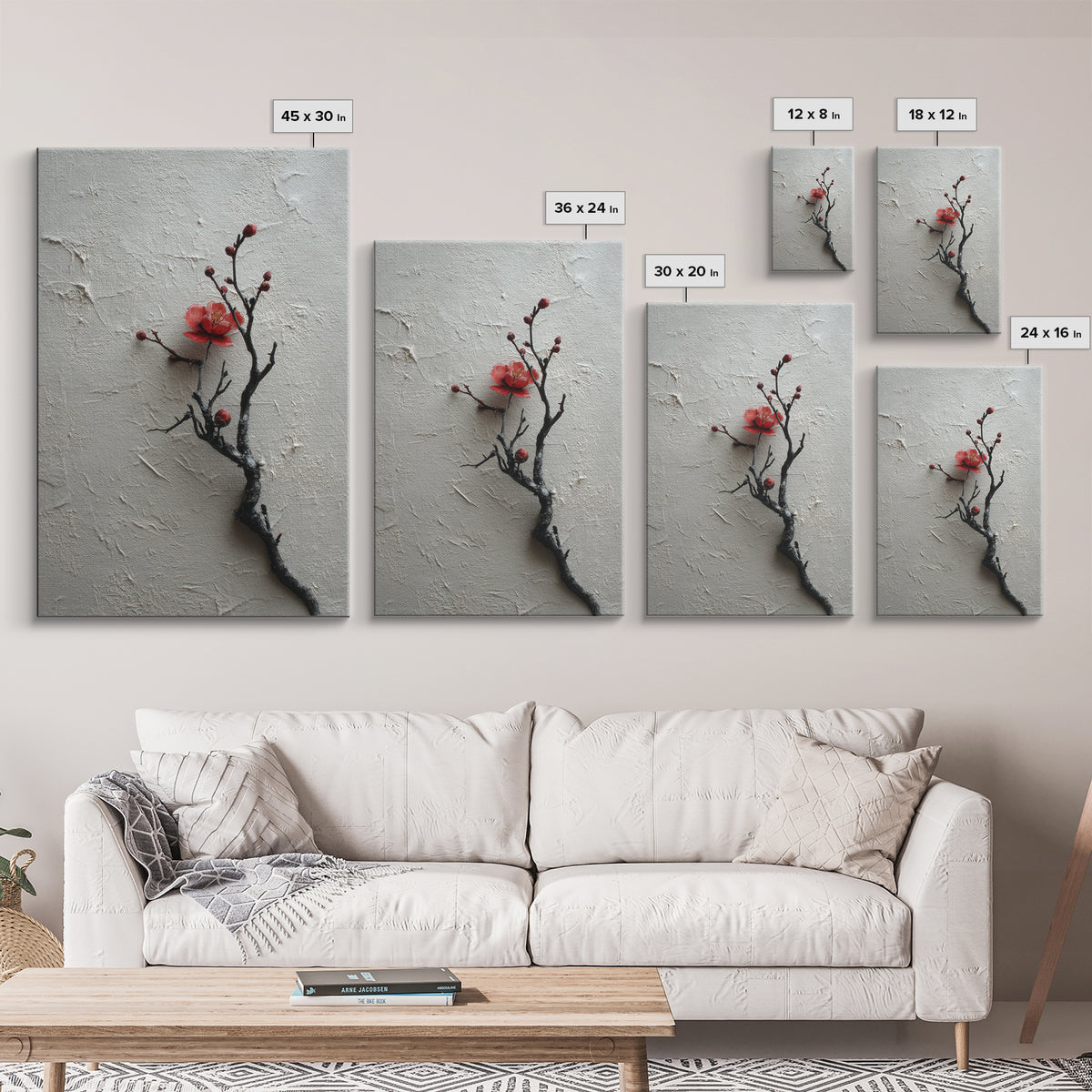Black Branch with One Red Blossom Canvas Print, Zen Art, Japanese Decor, Living Room Decor, Oil Painting, Zen, Luxury Decor, ZEN-2x3-65