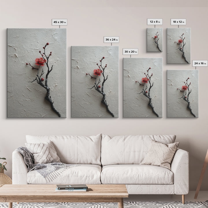 Black Branch with One Red Blossom Canvas Print, Zen Art, Japanese Decor, Living Room Decor, Oil Painting, Zen, Luxury Decor, ZEN-2x3-65
