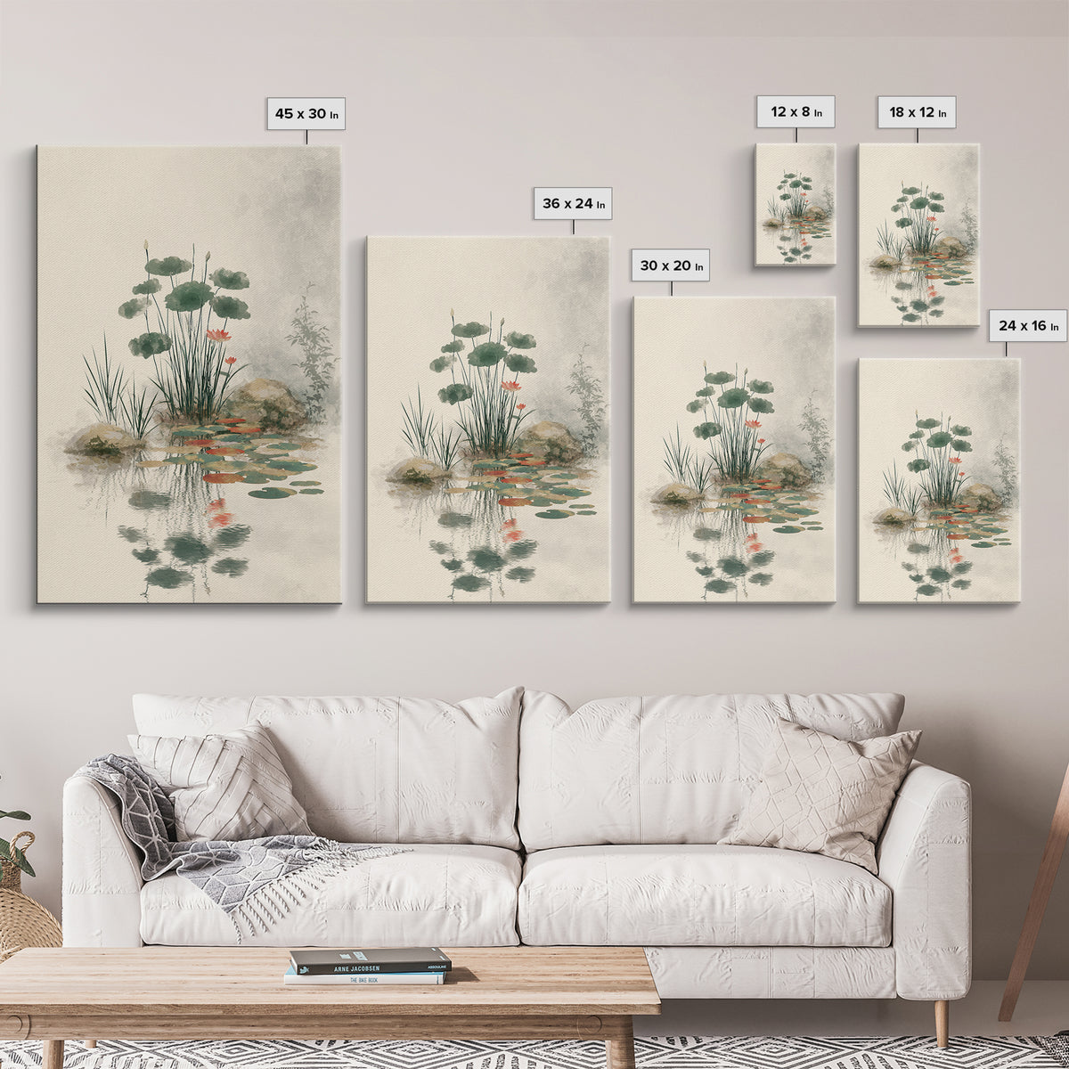 Moon Reflected in Quiet Pond Canvas Print, Zen Art, Living Room Decor, Oil Painting, Zen, Japanese Decor, Flower Print, ZEN-2x3-66