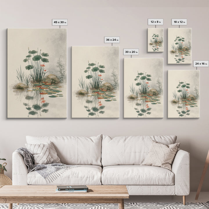 Moon Reflected in Quiet Pond Canvas Print, Zen Art, Living Room Decor, Oil Painting, Zen, Japanese Decor, Flower Print, ZEN-2x3-66