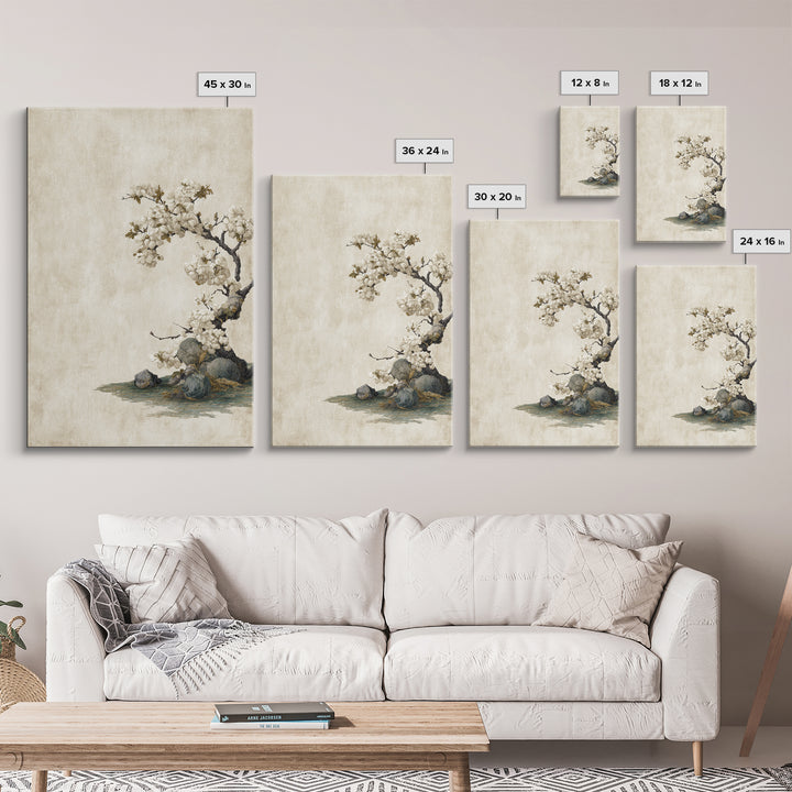 Falling Cherry Blossoms on Cream Ground Framed Canvas Print, Zen Art, Statement Artwork, Living Room Decor, Fine Art, Zen, ZEN-2x3-76