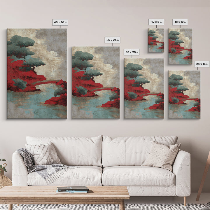Japanese Garden Bridge Implied Through Shapes Framed Canvas Print, Zen Art, Japandi Wall Art, Living Room Decor, Watercolor Art, ZEN-2x3-94