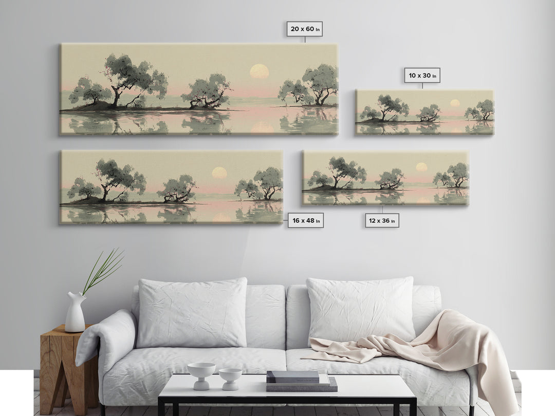 Moon Reflected in Quiet Pond Framed Canvas Print, Zen Art, Garden Art, Living Room Decor, Fine Art, Zen, Neutral Wall Art, ZEN-3x1-2
