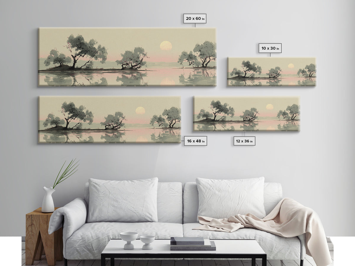 Moon Reflected in Quiet Pond Framed Canvas Print, Zen Art, Garden Art, Living Room Decor, Fine Art, Zen, Neutral Wall Art, ZEN-3x1-2