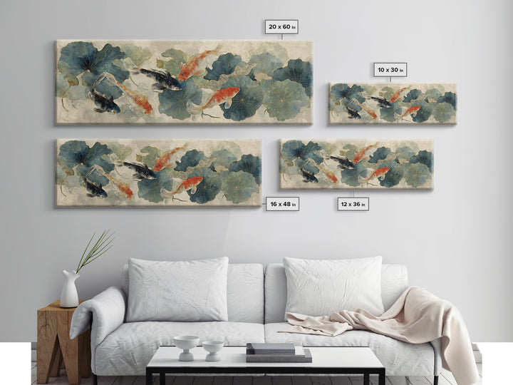 Koi Fish Beneath Floating Lotus Leaves Canvas Print, Zen Art, Neutral Wall Art, Living Room Decor, Fine Art, Zen, ZEN-3x1-20