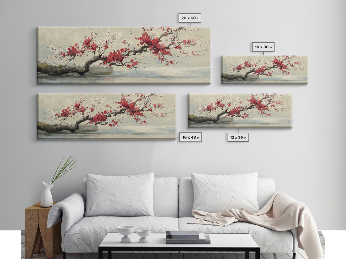 Falling Cherry Blossoms on Cream Ground Canvas Print, Zen Art, Neutral Decor, Living Room Decor, Fine Art, Zen, Wall Decor, ZEN-3x1-36