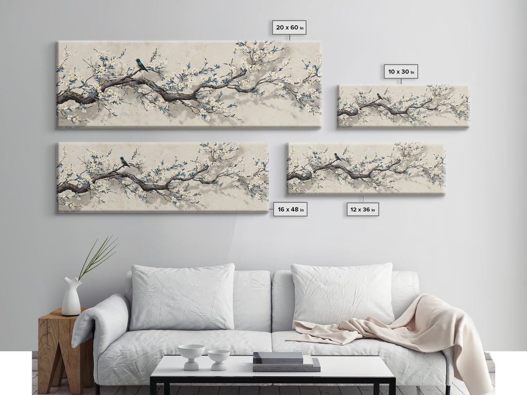 Falling Cherry Blossoms on Cream Ground Framed Canvas Print, Zen Art, Luxury Decor, Living Room Decor, Fine Art, Zen, ZEN-3x1-60