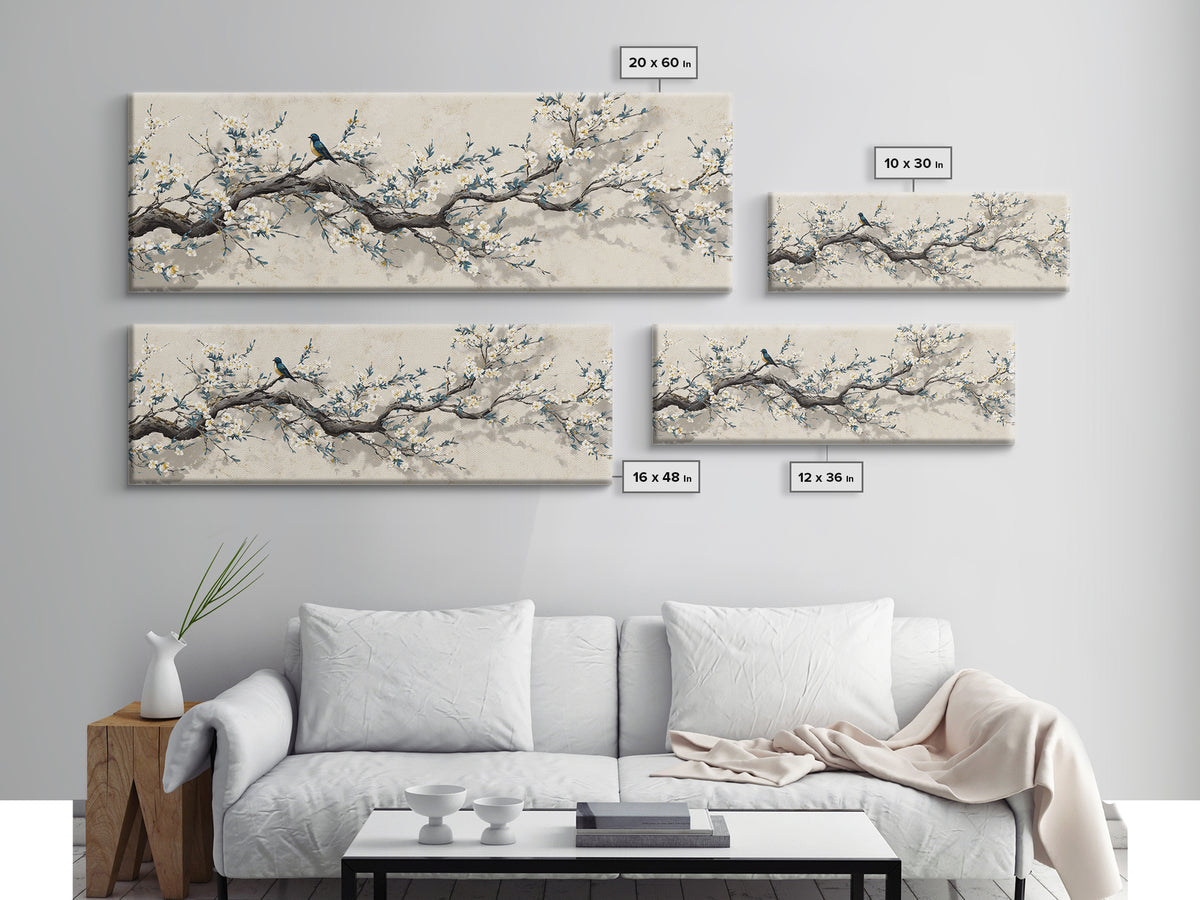 Falling Cherry Blossoms on Cream Ground Framed Canvas Print, Zen Art, Luxury Decor, Living Room Decor, Fine Art, Zen, ZEN-3x1-60