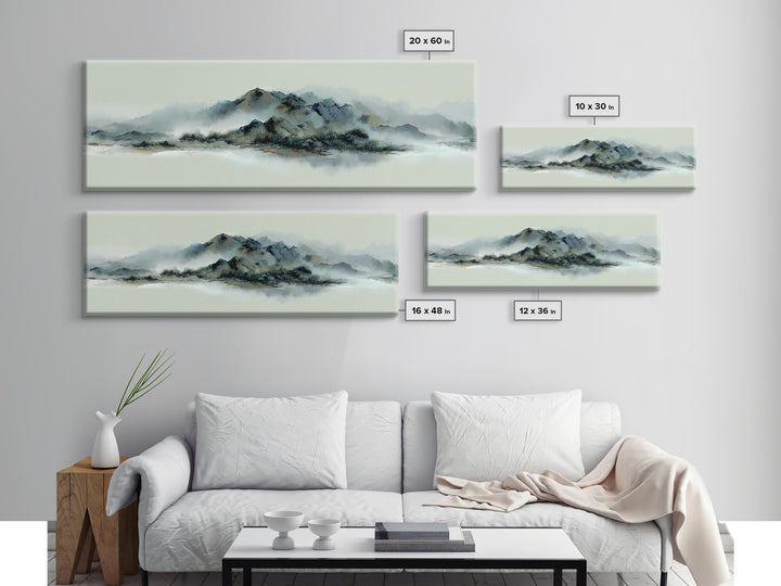 Minimal Mountain in Fog with Empty Space Framed Canvas Print, Zen Art, Luxury Decor, Living Room Decor, Fine Art, Zen, ZEN-3x1-69