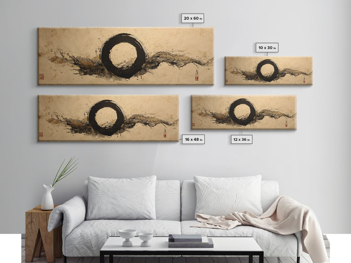 Single Black Ens Circle on Warm Paper Framed Canvas Print, Zen Art, Wall Art, Living Room Decor, Oil Painting, Zen, ZEN-3x1-89
