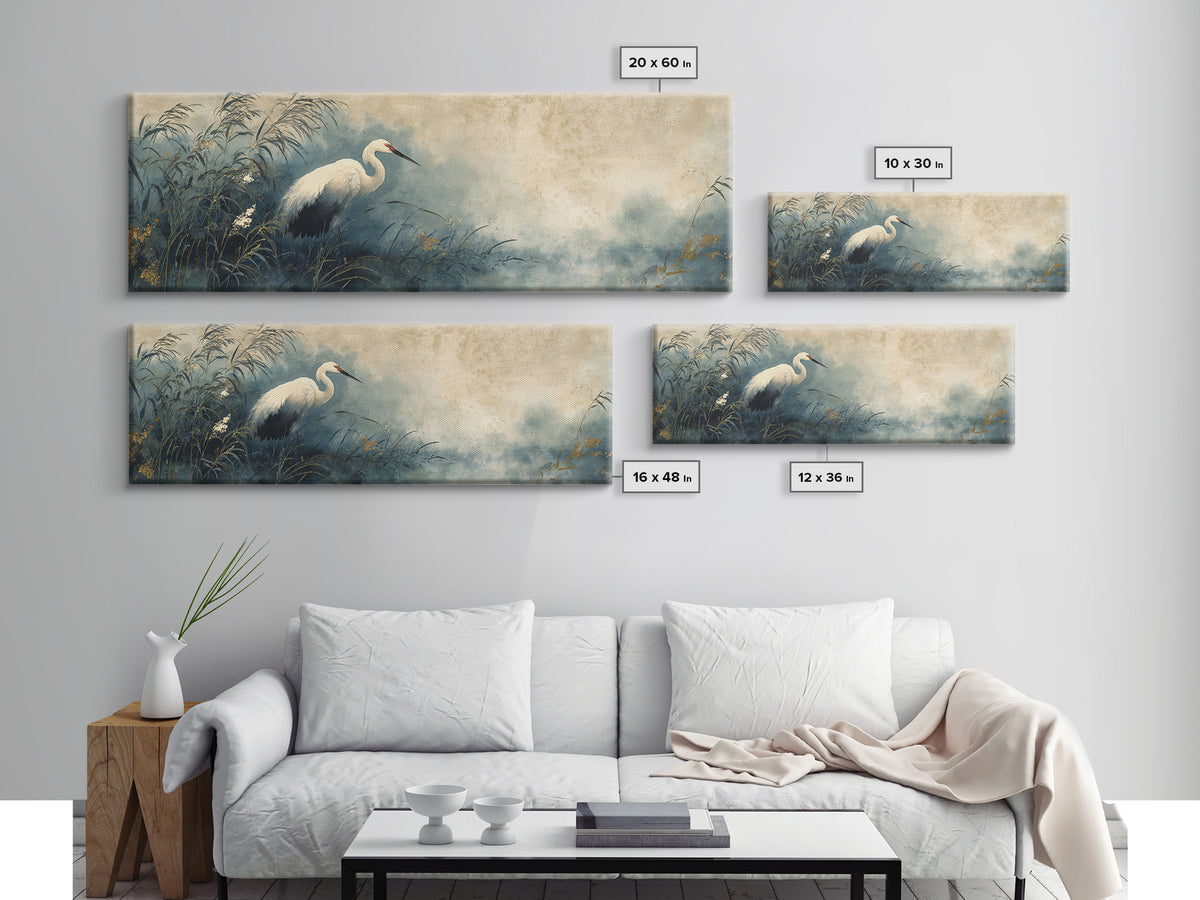 White Crane Standing Canvas Print, Zen Art, Japanese Art, Living Room Decor, Oil Painting, Zen, Contemporary Art, Gallery Decor, ZEN-3x1-95
