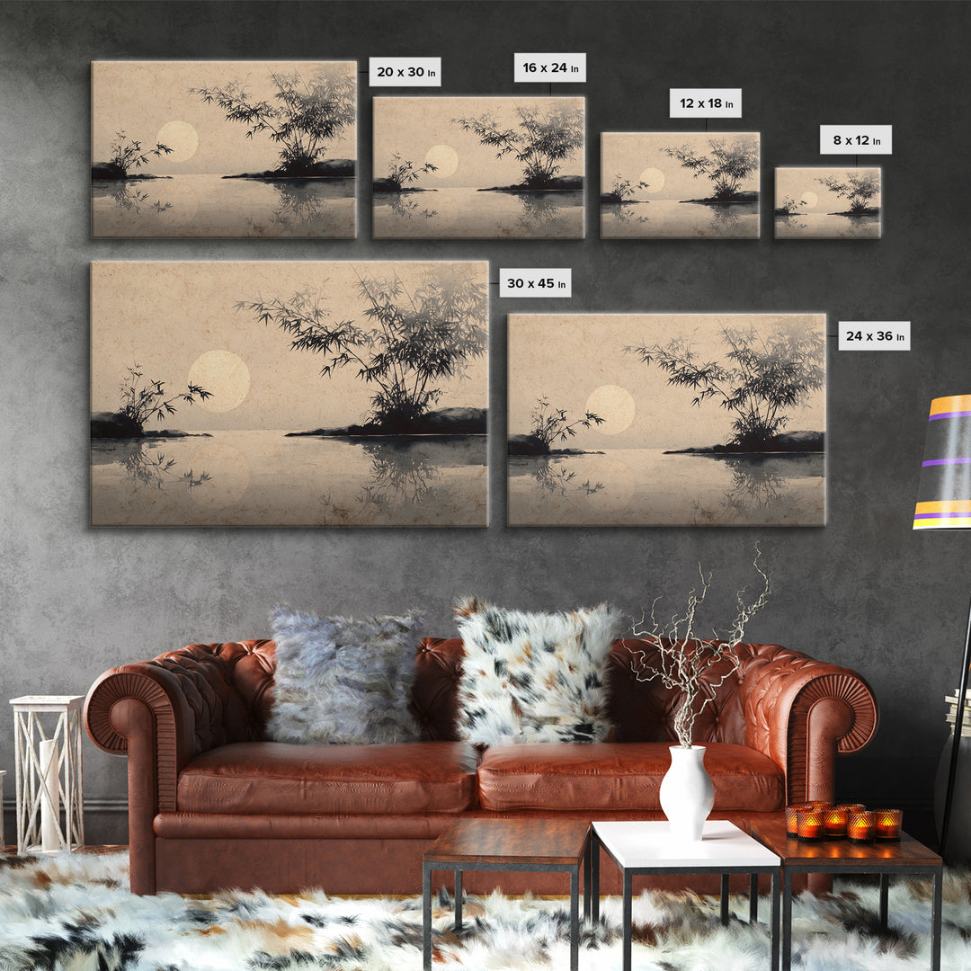 Moon Reflected in Quiet Pond Framed Canvas Print, Zen Art, Abstract Painting, Living Room Decor, Fine Art, Zen, Gallery Decor, ZEN-3x2-14