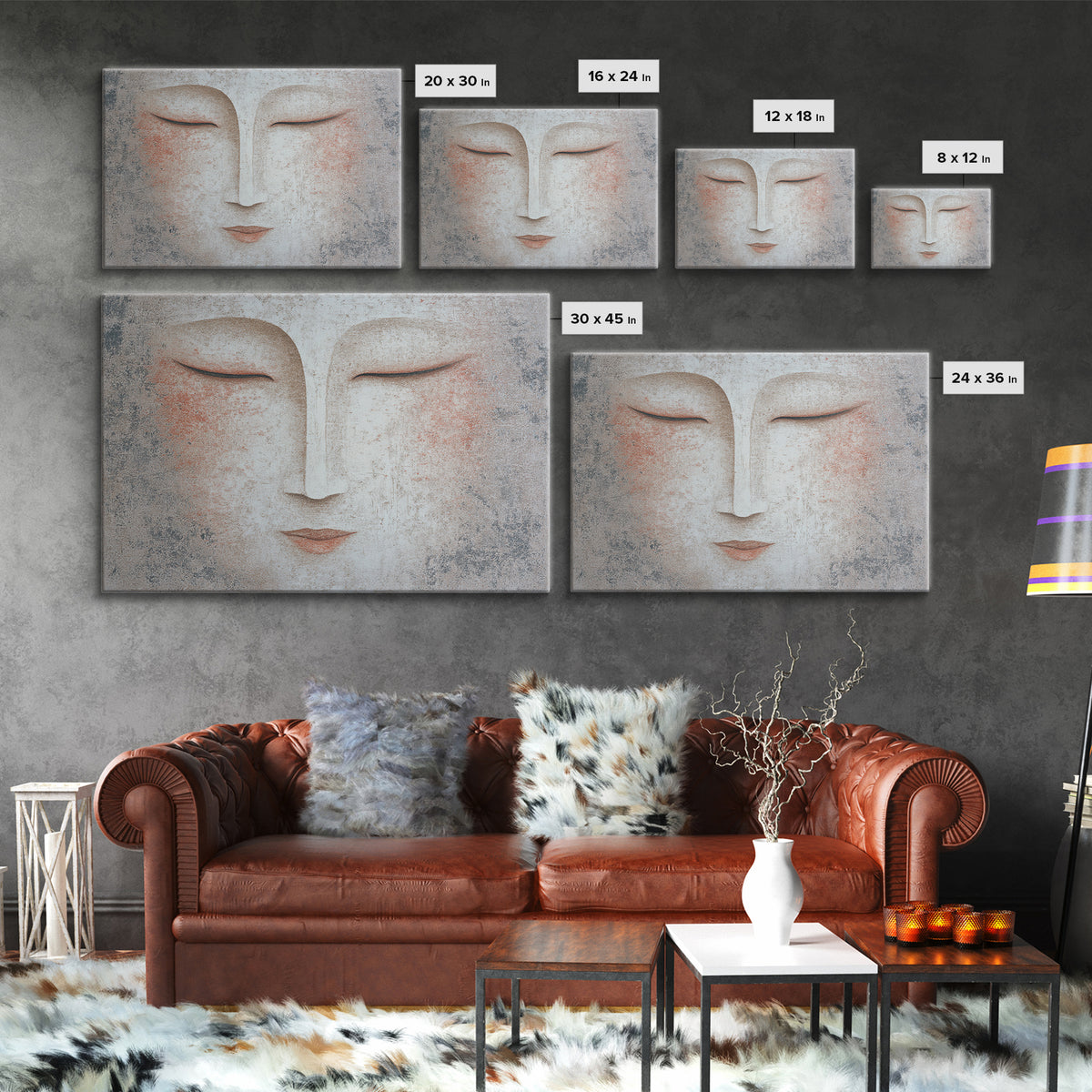 Calm Face with Closed Eyes and Simple Framed Canvas Print, Zen Art, Japanese Wall Art, Living Room Decor, Oil Painting, Zen, ZEN-3x2-2