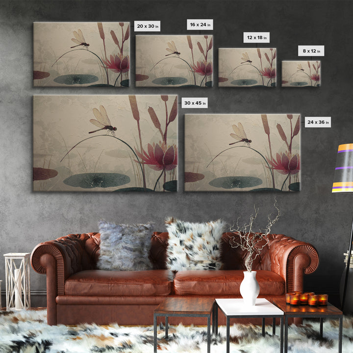 Dragonfly over Lotus Pond Canvas Print, Zen Art, Textured Painting, Living Room Decor, Watercolor Art, Zen, Abstract Art, ZEN-3x2-44