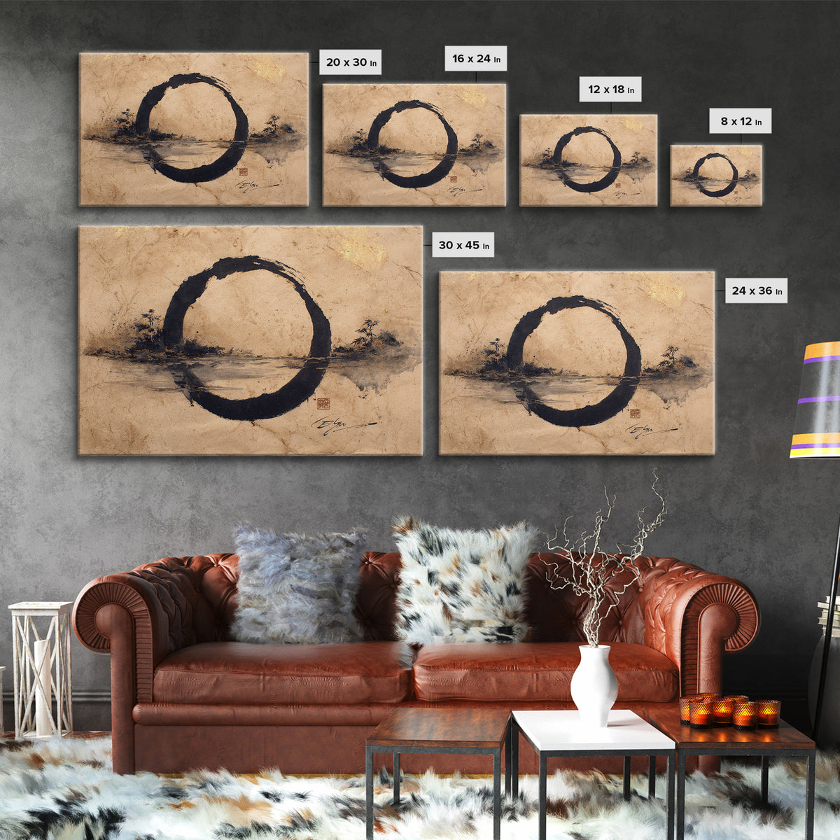 Single Black Ens Circle on Warm Paper Framed Canvas Print, Zen Art, Statement Artwork, Living Room Decor, Fine Art, Zen, ZEN-3x2-5