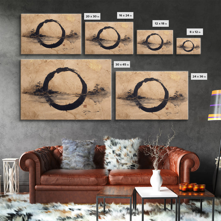 Single Black Ens Circle on Warm Paper Framed Canvas Print, Zen Art, Statement Artwork, Living Room Decor, Fine Art, Zen, ZEN-3x2-5