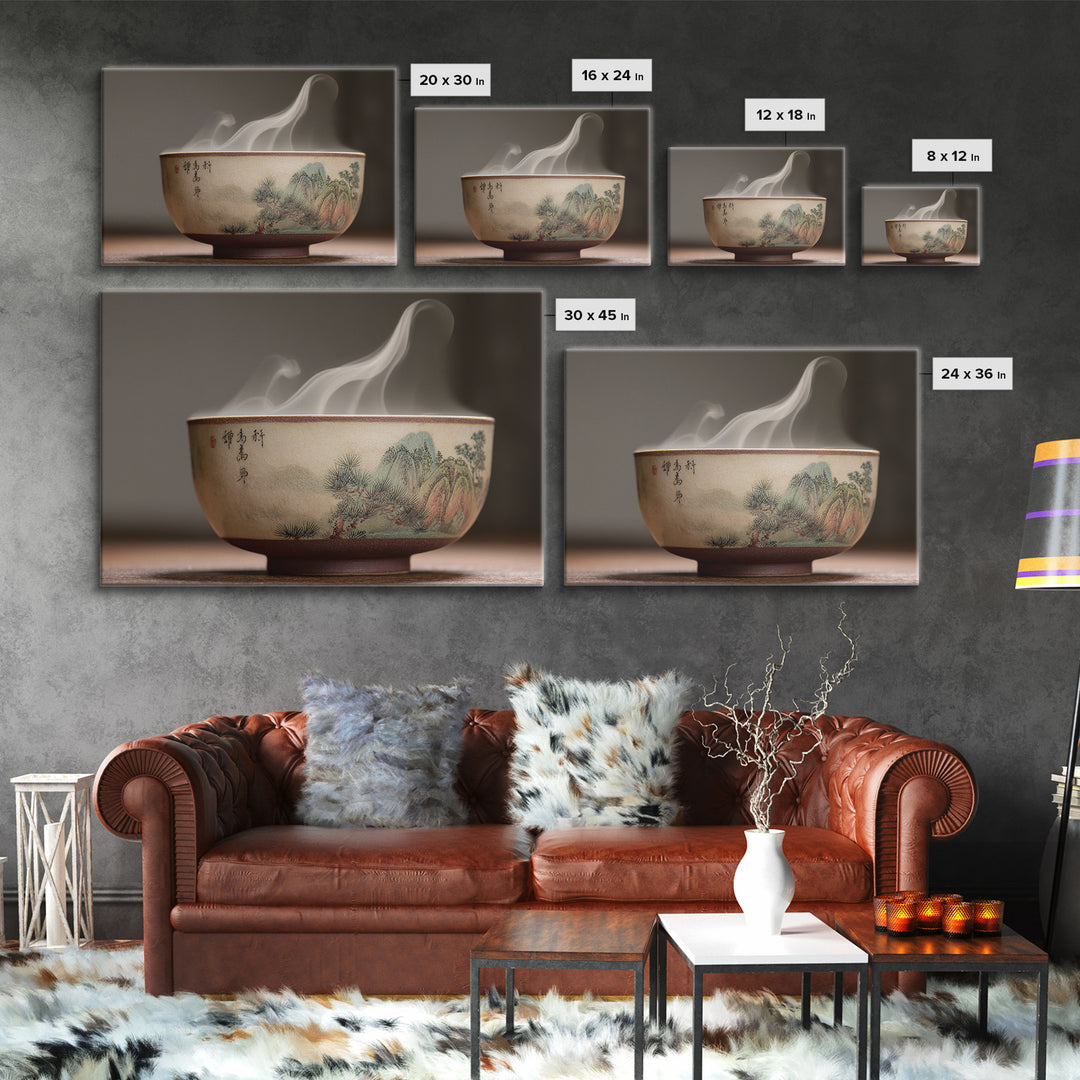 Tea Bowl with Steam Rising Gently Framed Canvas Print, Zen Art, Metal Wall Art, Living Room Decor, Zen, Japandi Wall Art, ZEN-3x2-60