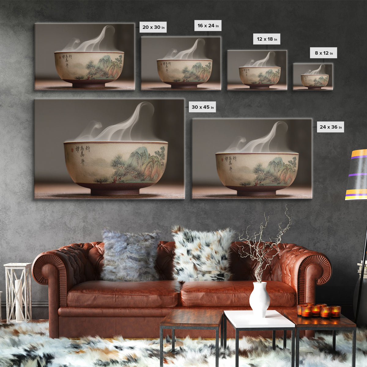 Tea Bowl with Steam Rising Gently Framed Canvas Print, Zen Art, Metal Wall Art, Living Room Decor, Zen, Japandi Wall Art, ZEN-3x2-60