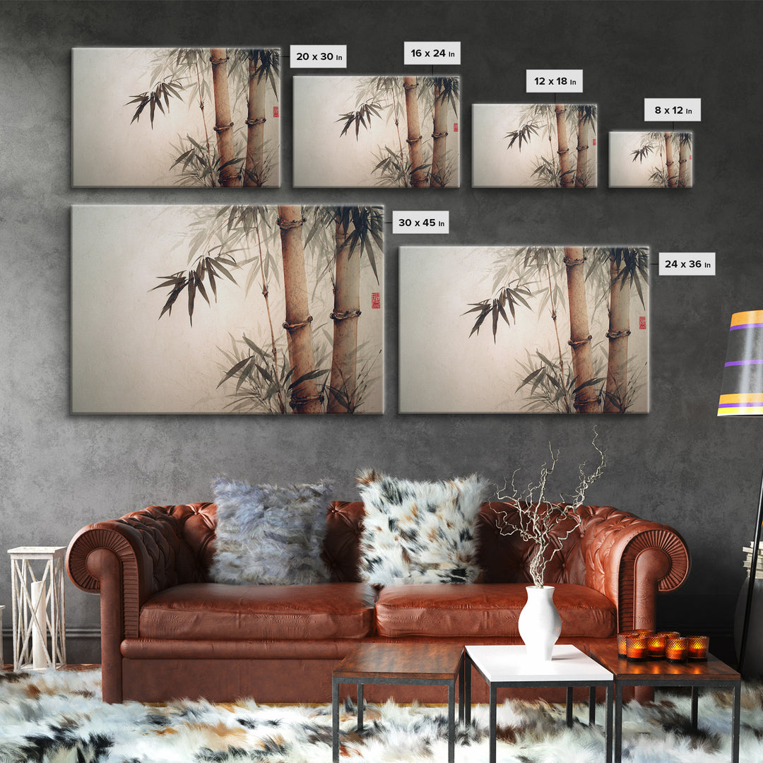 Bamboo Stalks in Sparse Ink Wash Framed Canvas Print, Zen Art, Fine Art Print, Living Room Decor, Fine Art, Zen, ZEN-3x2-78