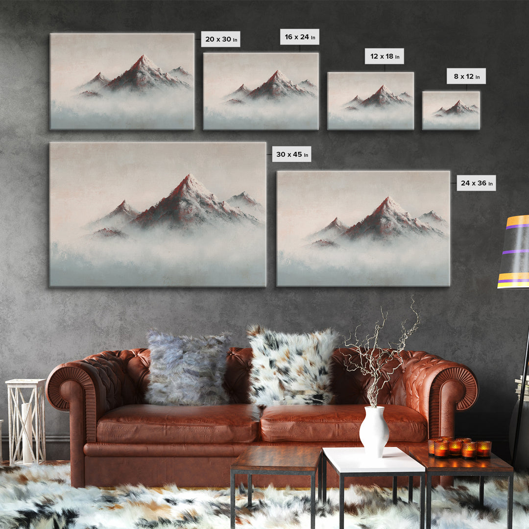 Minimal Mountain in Fog with Empty Space Framed Canvas Print, Zen Art, Contemporary Art, Living Room Decor, Oil Painting, Zen, ZEN-3x2-9