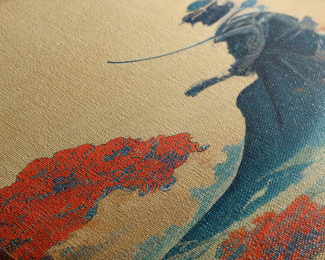 Red And Blue Japanese Samurai Warrior Wall Poster, Fine Art Print