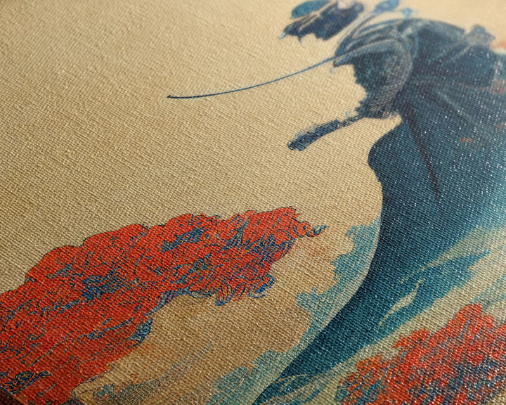 Red And Blue Japanese Samurai Warrior Wall Poster, Fine Art Print