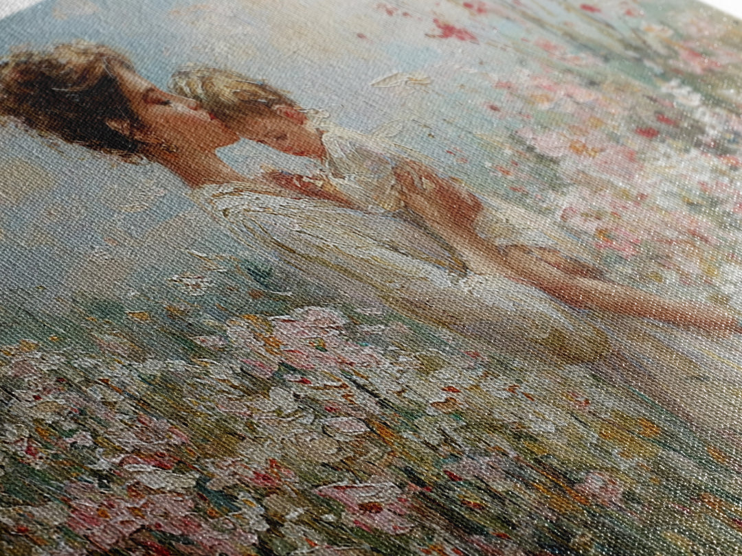 Mother Holding Baby In Sunlit Flower Field Wall Art, Impressionist Floral Canvas Print, Nursery Decor, Gift For Mom, Living Room Decor