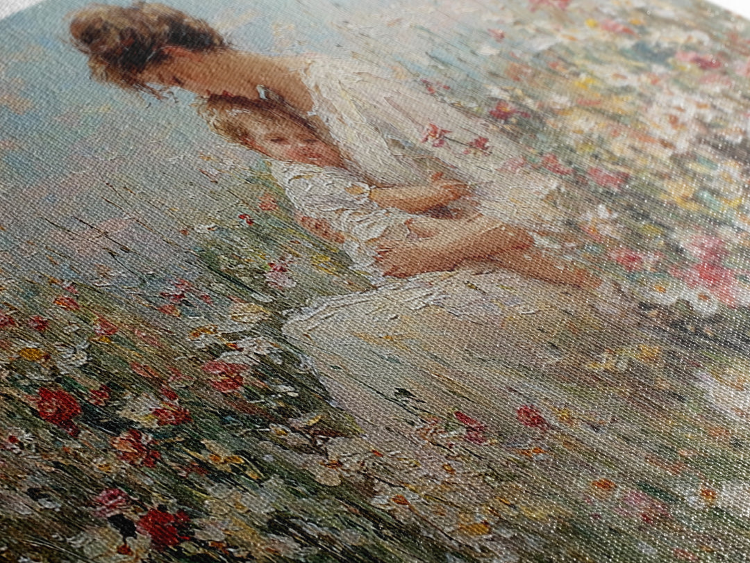 Mother And Baby Embraced Among Daisies Wall Art, Impressionist Floral Canvas Print, Nursery Wall Decor, Gift For Her, Motherhood Gift
