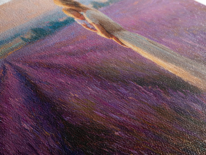 Mother And Baby In Lavender Rows At Golden Sunset Framed Canvas Print, Provence Landscape Wall Art, Gift For Mom, Home Decor