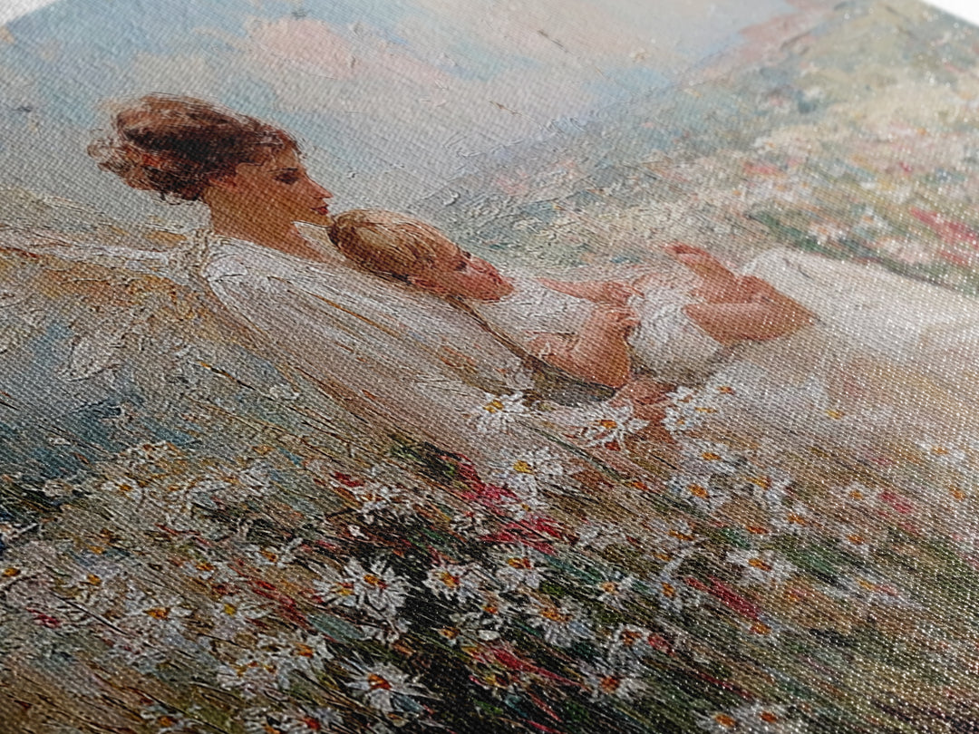Seated Angel Holding Baby In Daisy Wildflower Meadow Framed Canvas Print, Christian Nursery Wall Art, Spiritual Home Decor