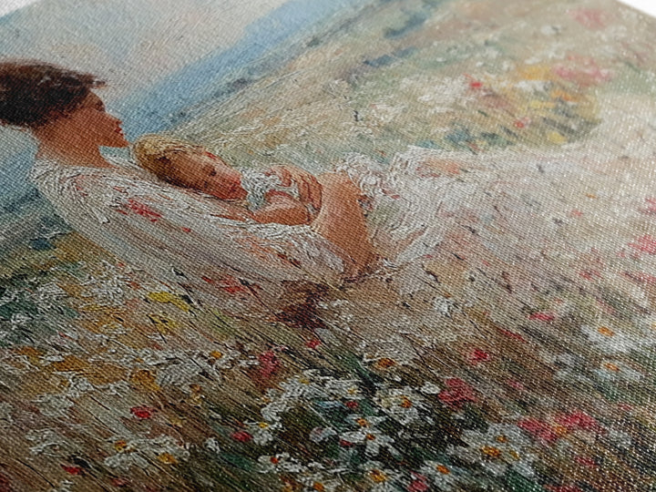 Mother Cuddling Baby In Daisy Meadow Wall Art, Textured Impressionist Canvas Print, Feminine Nursery Decor, Gift For Her