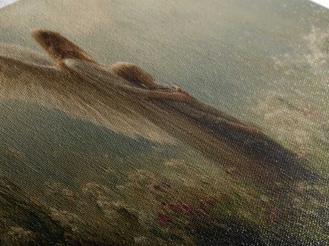 Soft Winged Angel And Child In Misty Meadow Canvas Print, Christian Wall Art, Neutral Wall Art, Nursery Decor, Gift For Mom
