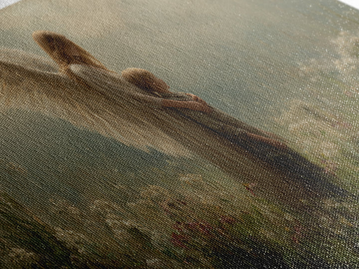 Soft Winged Angel And Child In Misty Meadow Canvas Print, Christian Wall Art, Neutral Wall Art, Nursery Decor, Gift For Mom