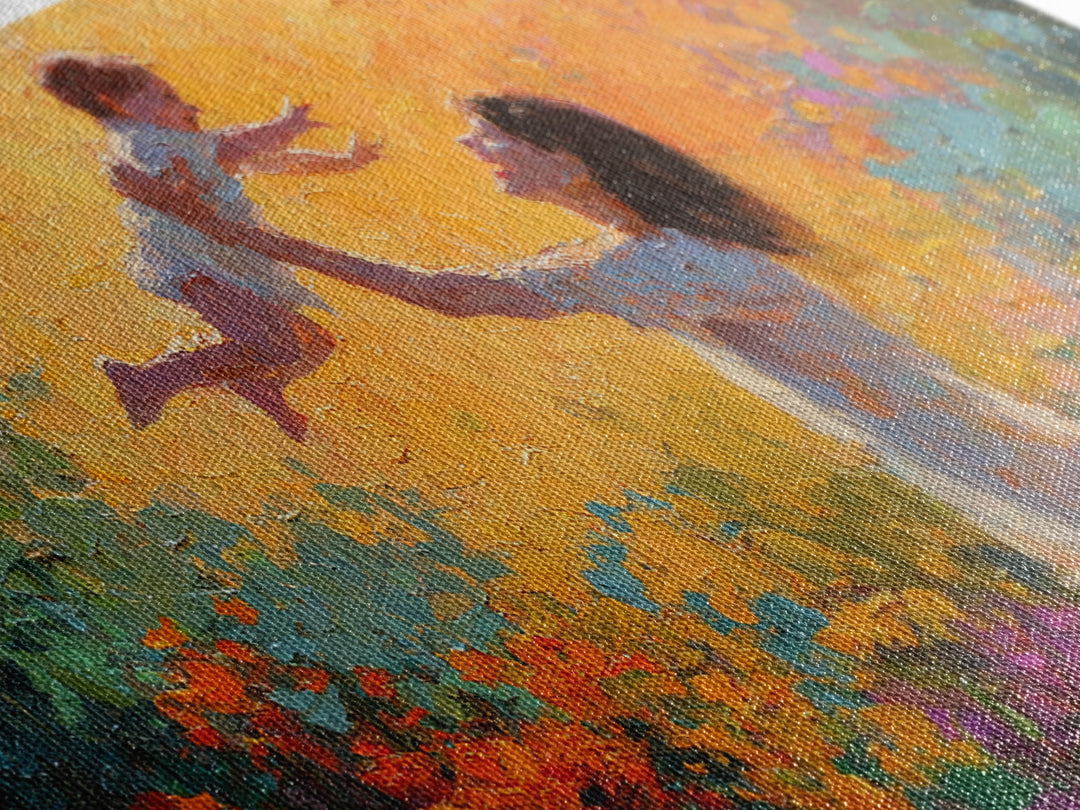 Mother Lifting Child In Glowing Sunset Garden Canvas Print, Colorful Impressionist Painting, Joyful Family Wall Art, Gift For Mom
