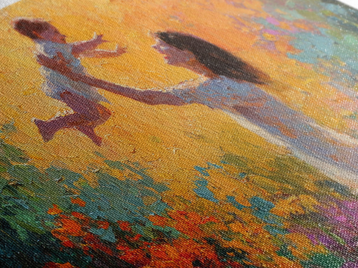 Mother Lifting Child In Glowing Sunset Garden Canvas Print, Colorful Impressionist Painting, Joyful Family Wall Art, Gift For Mom