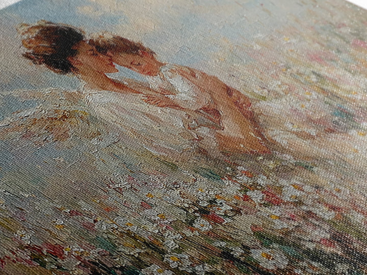 Mother Embracing Child In Daisy Meadow Framed Canvas Print, Impressionist Floral Wall Art, Nursery Decor, Gift For Mom, Home Decor