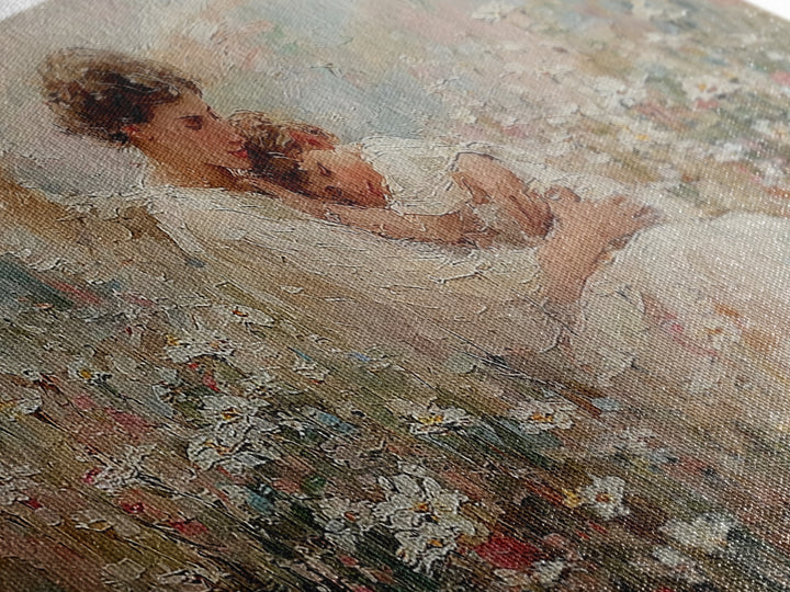 Seated Guardian Angel Cradling Sleeping Baby In Floral Meadow Wall Art, Christian Nursery Decor, Motherhood Gift For Her