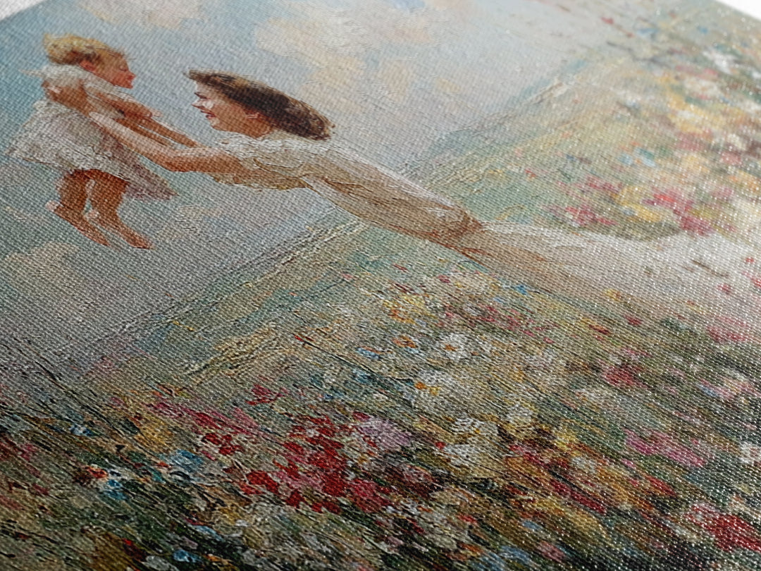 Mother Lifting Baby By Coastal Wildflower Meadow Wall Art, Impressionist Framed Canvas Print, Beach House Decor, Gift For Mom