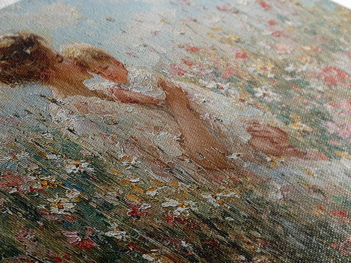 Mother Lifting Baby In Blooming Flower Field Framed Canvas Print, Impressionist Floral Nursery Art, Gift For Mom Home Decor
