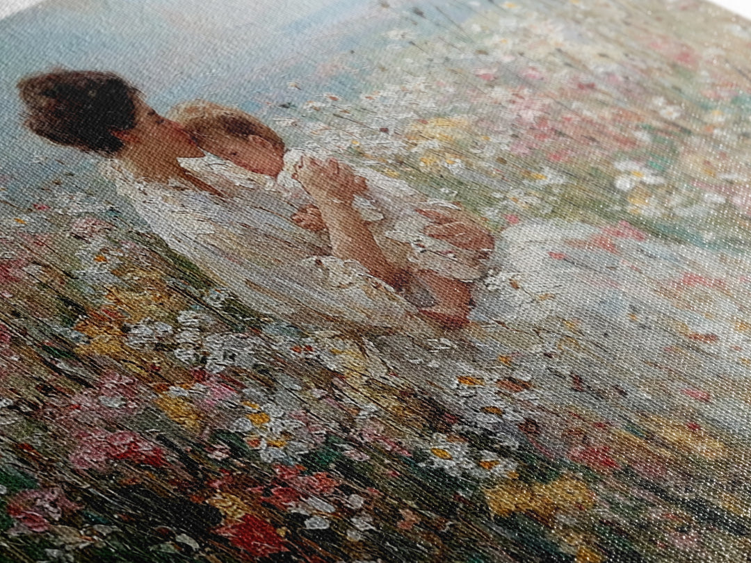 Seated Mother And Child In Coastal Wildflower Meadow Canvas Print, Impressionist Family Wall Art, Nursery Decor Gift For Her