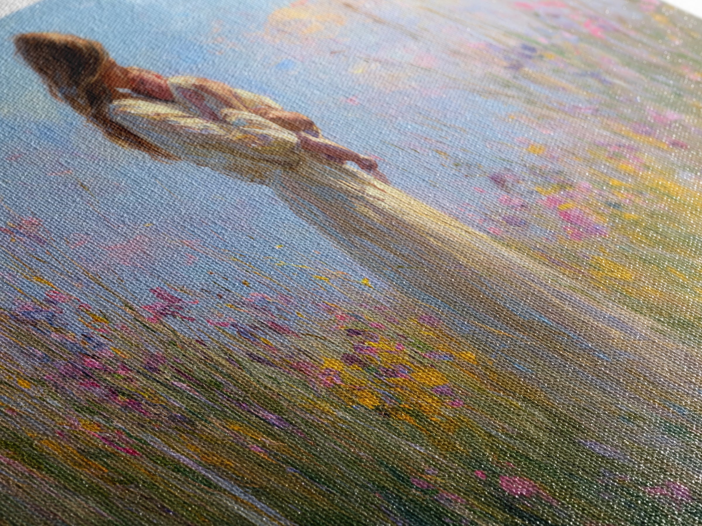 Backlit Mother And Baby In Sunlit Meadow Canvas Print, Impressionist Wildflower Wall Art, Feminine Nursery Decor Gift For Mom