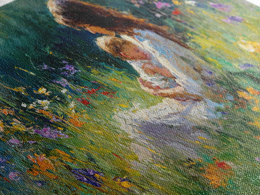 Mother Nursing Baby In Shaded Garden Wildflowers Canvas Print, Impressionist Wall Art For Nursery Decor And Nature Lover Gift