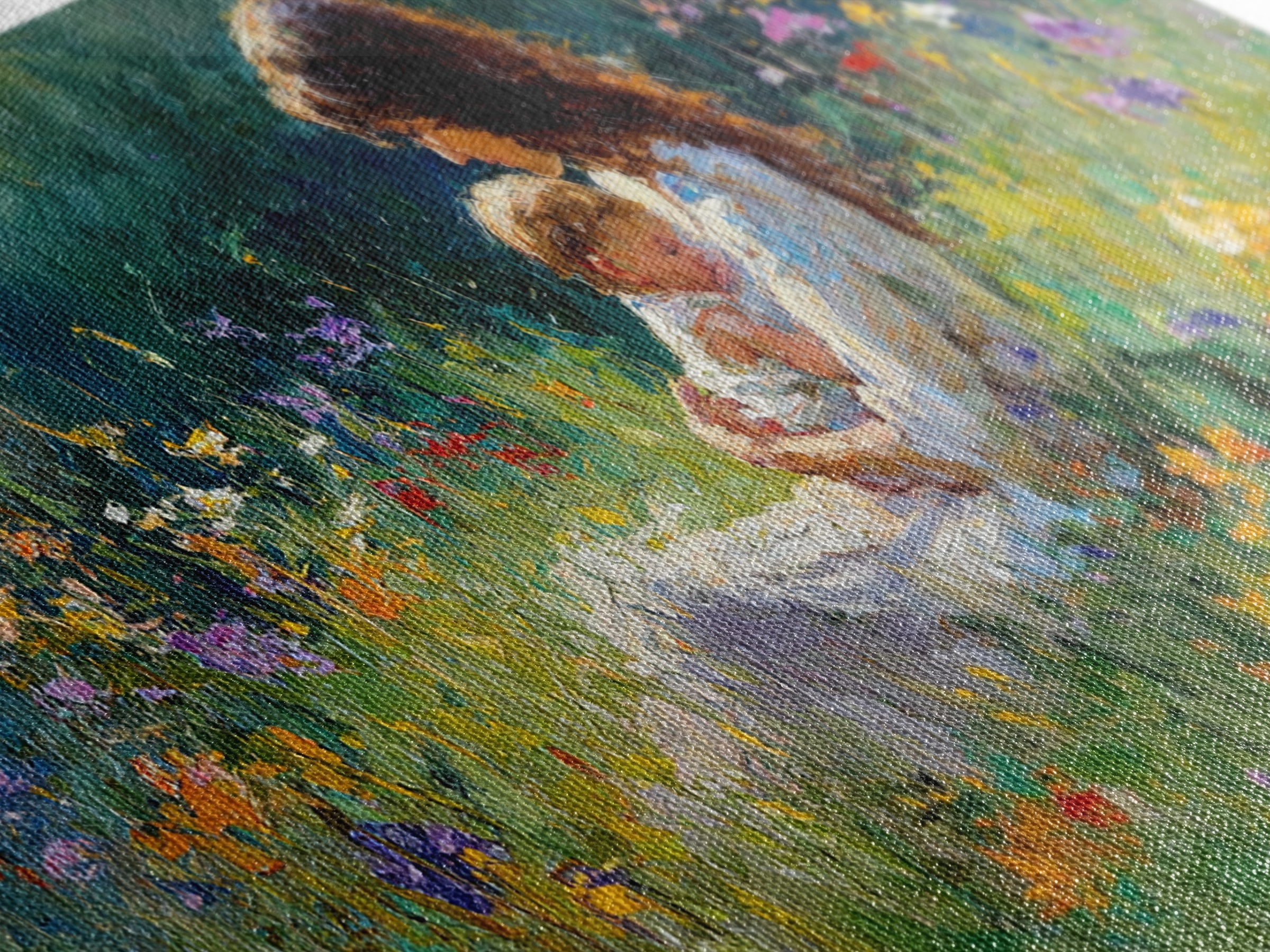 Mother Nursing Baby In Shaded Garden Wildflowers Canvas Print, Impressionist Wall Art For Nursery Decor And Nature Lover Gift